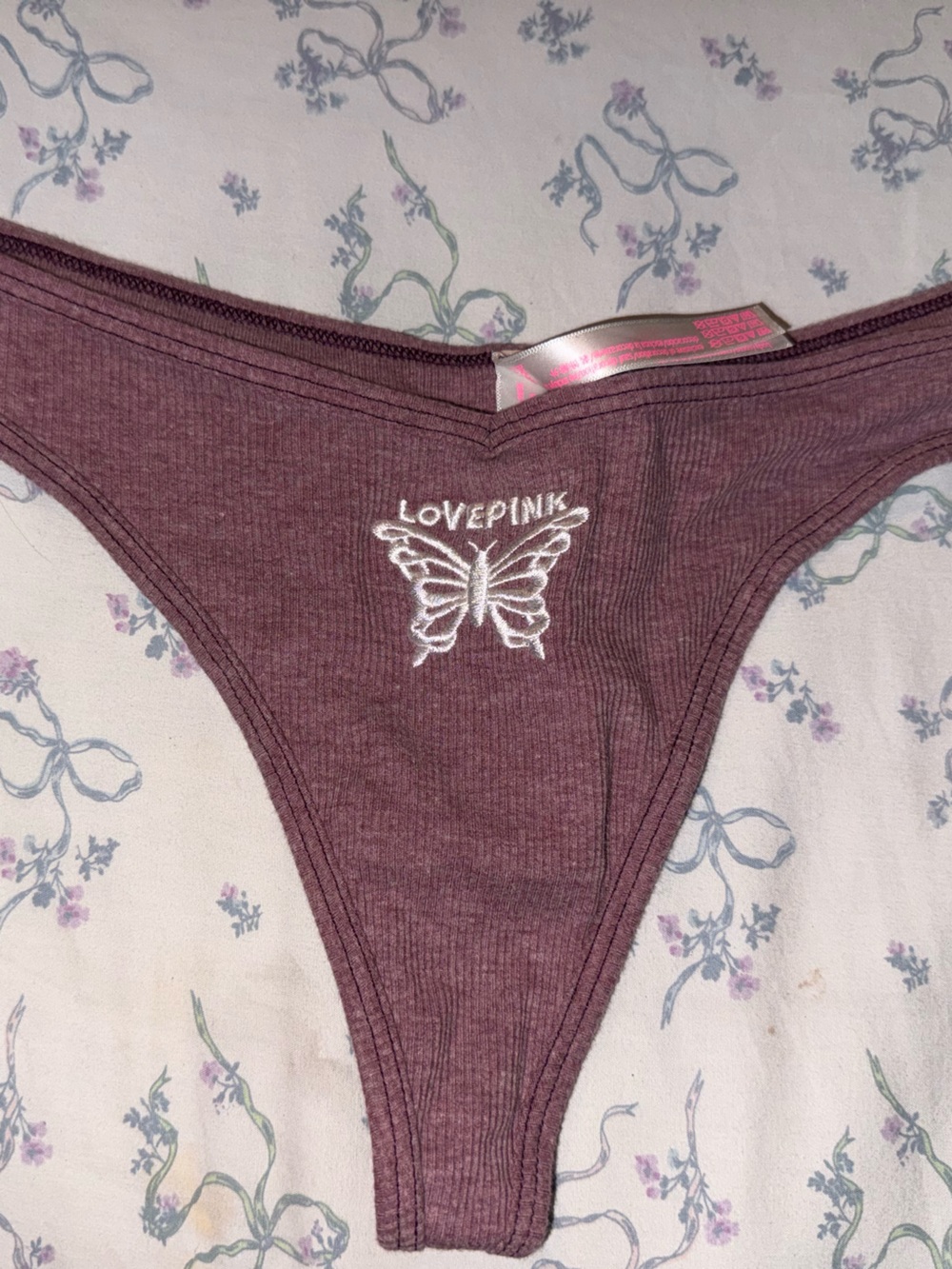 PINK Victoria's Secret Mauve Ribbed Thong with White Butterfly Embroidery